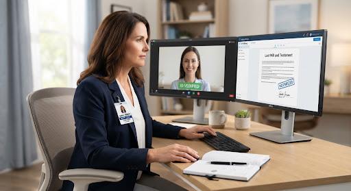 A notary conducting a recorded remote session, with the signer on one screen and the document on another